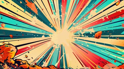 Fototapeta premium A comic colorful explosion with a yellow sun in the middle background