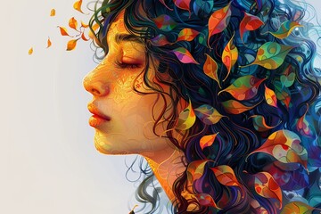 Vibrant profile of a woman with leaf hair, symbolizing nature, beauty, and artistic expression in a colorful design