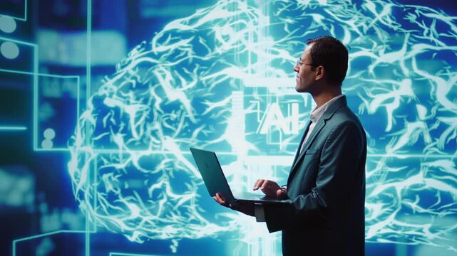 Computer scientist using laptop to implement artificial intelligence parallel processing, breaking up complex computational tasks enabling AI systems to process more input data faster, camera B