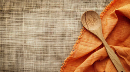 High angle view of clean minimalist cozy rustic homey farmhouse kitchen  tabletop background with linen neutral tablecloth and folded orange napkin with large wooden spoon flat lay with copy space. 