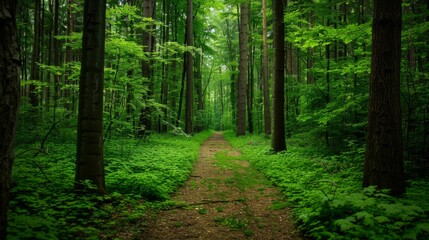Obraz premium path covered in green leaves, with tall trees on both sides generative ai