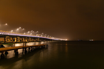 Amazing aerial view of the Penang Bridge in night sky