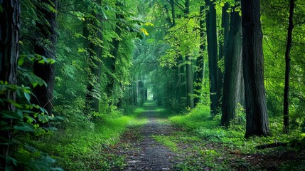 path covered in green leaves, with tall trees on both sides generative ai