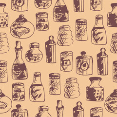Seamless print pattern with jars and bottles with different food kitchen wallpaper background for textile, paper	
