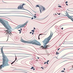 Japanese Inspired Crane and Floral Pattern