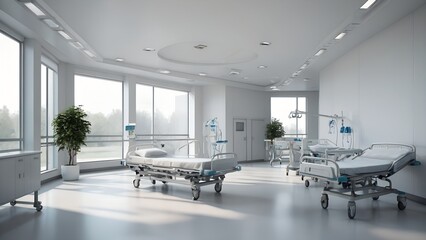 Bright and modern hospital room with empty beds, evoking feelings of hope, recovery, and healthcare.
