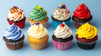 A row of colorful cupcakes on a blue background.