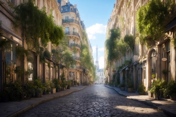 Fototapeta premium Parisian Street Scene with Eiffel Tower in the Distance