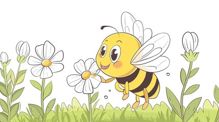 A cute bee collecting nectar from a flower for kid coloring book with crisp lines and white background no shading