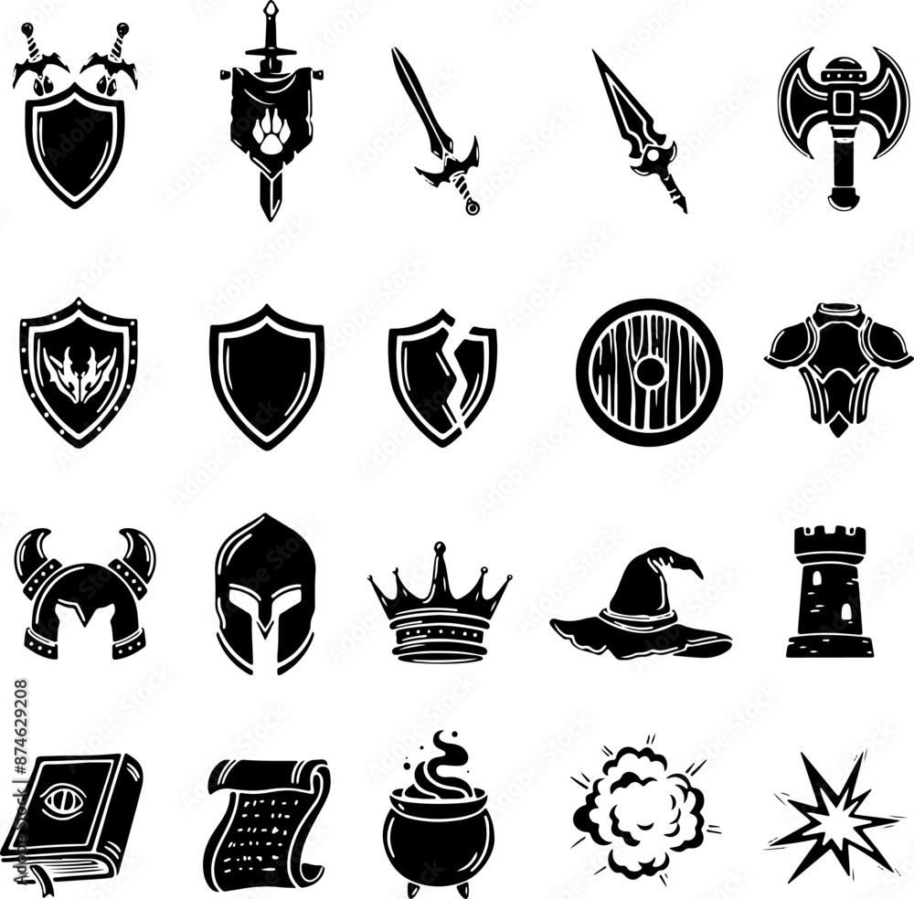 Poster pixel perfect icon set of medieval items rpg game ui kit knight warrior weapon sword shield potion. 
