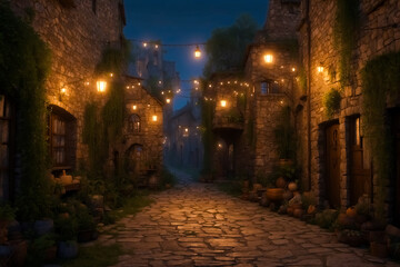 Cobblestone Street at Night in a Medieval Village