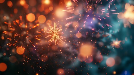 Fototapeta premium Colorful fireworks display against a bokeh background.