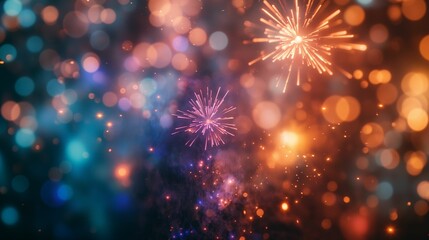 Fototapeta premium Colorful fireworks display against a bokeh background.