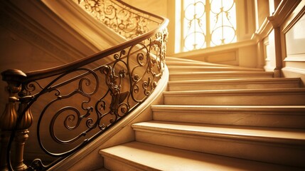 Elegant staircase with ornate wrought iron railing and golden light filtering through windows.