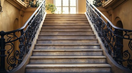 Obraz premium Elegant staircase with ornate wrought iron railing and golden light filtering through windows.