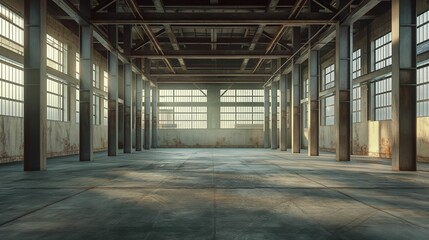 Sunlit empty industrial warehouse with large windows and beams of light.