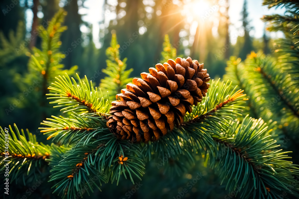 Poster Close-up of a Pine Cone on a Branch with Sunlight Streaming Through the Forest