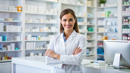 Pharmacy, pharmacist or portrait of woman with arms crossed on the right or smile in customer services or clinic. Healthcare help desk, wellness or happy doctor smiling by medication on shelf in drugs