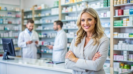 Fototapeta premium Pharmacy, pharmacist or portrait of woman with arms crossed on the right or smile in customer services or clinic. Healthcare help desk, wellness or happy doctor smiling by medication on shelf in drugs