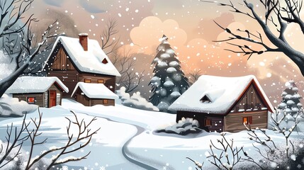 Fototapeta premium A painting of a snowy winter scene with two houses and a pine tree.