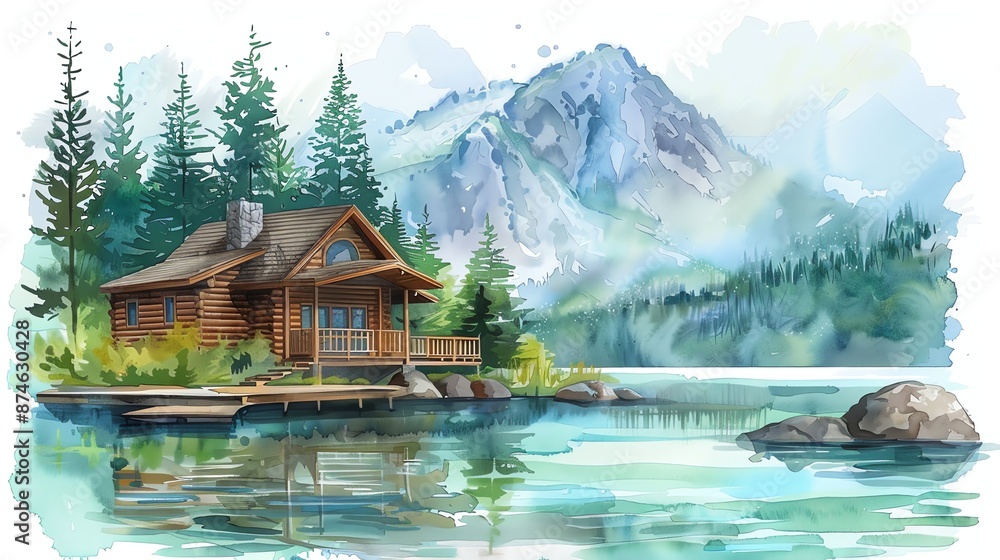 Poster Watercolor painting of a cabin in the woods with a mountain and lake in the background.