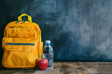 Back to school concept. A yellow backpack with school supplies, books and an apple on the table against blackboard background with copy space for text or design