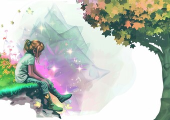 Whimsical Illustration of a Young Girl in a Fantasy Garden with Butterflies and Sparkling Lights Under a Tree