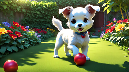 Adorable white puppy playing with a red ball in a garden with colorful flowers.