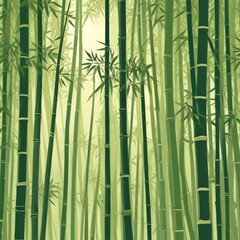 Obraz premium In the green garden, towering bamboo stalks dominate the landscape, their leaves rustling softly. The vibrant green leaves create a calming oasis, the sun peeks through the foliage.