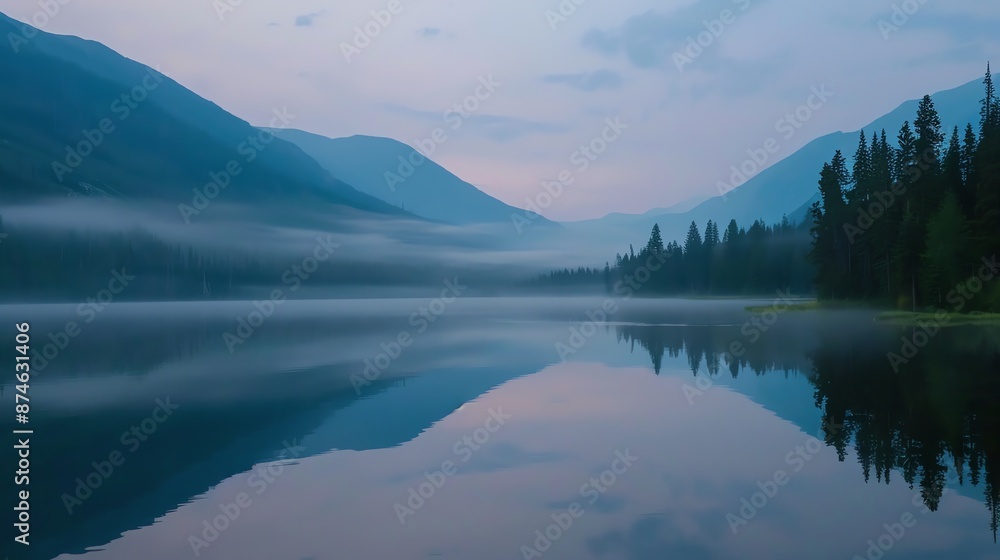 Poster a serene lake in the mountains with fog rolling across the surface.