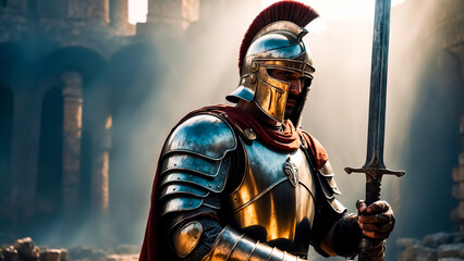 Medieval Warrior in Full Armor Standing with Sword