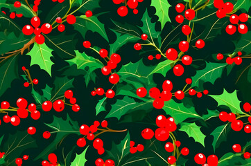 Festive Holly Berries and Leaves Seamless Pattern