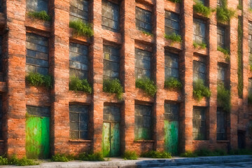 Abandoned Brick Building with Green Doors and Overgrown Windows