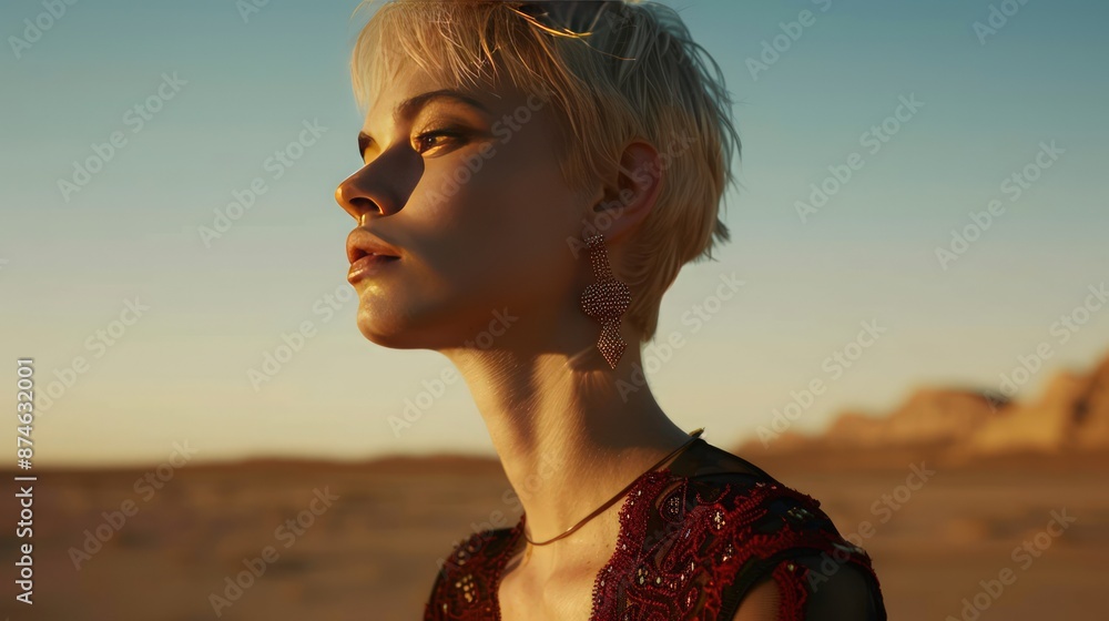 Sticker A woman with short hair and red lipstick is sitting in the desert. Generate AI image