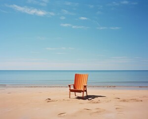 A lone wooden beach chair facing the sea, depicted at high noon with no shadows
