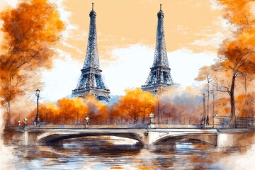 Watercolor Painting of Eiffel Tower with Autumn Trees