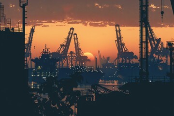 Obraz premium Silhouettes of cranes and ships at sunset in a busy port.