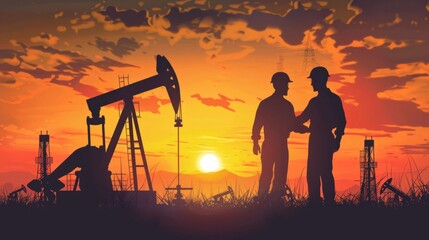Naklejka premium Silhouette of two engineers shaking hands in front of oil factory generative ai