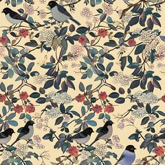 Small bird and flower repeat pattern in a flat color palette