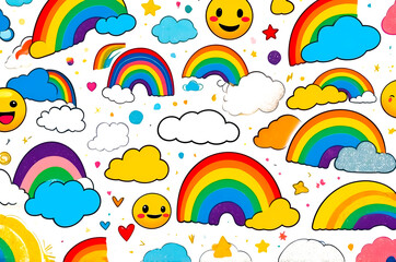 Colorful Rainbow and Cloud Pattern on White Background