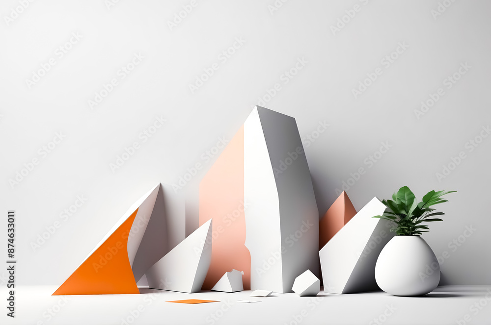 Canvas Prints Abstract geometric shapes and potted plant on a white background