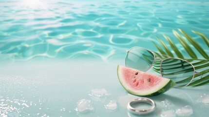 A refreshing summer scene with watermelon, sunglasses, and palm leaves on a beach.  Perfect for travel, vacation, or summer themes.