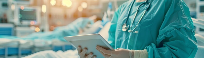 A surgeon in scrubs holds a tablet in a hospital setting.