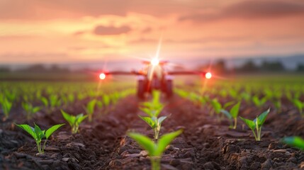 A tractor sprays a field of young plants at sunset. The focus is on the foreground, showing the plants and soil.