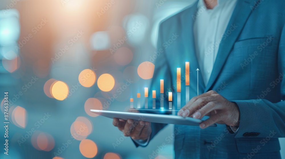 Poster businessman using a tablet to analyze data and track financial performance. the charts and graphs on