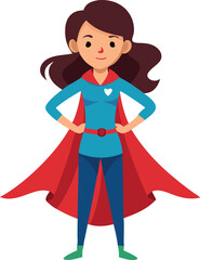 A woman in a blue and red costume with a heart on her chest