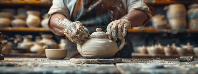 Obraz premium Intimate craft of potter hands molding clay, tactile process of shaping and creating, as hands work deftly with malleable clay, reflecting artist's touch, ancient tradition of pottery making
