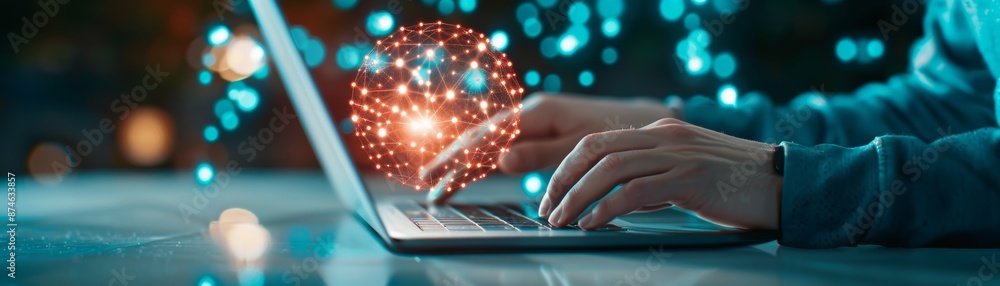Poster hands typing on a laptop with glowing data and bokeh lights.