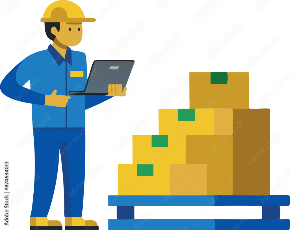 Poster A man is standing in front of a stack of boxes and looking at a laptop