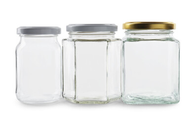 Three empty glass jars isolated on white